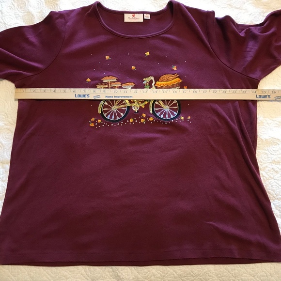 RARE QF maroon 3/4 sleeved top with embroidered fall bicycle scene (XL) - Picture 8 of 16